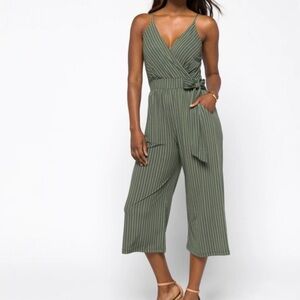 KAILEIGH Rica Knit Cropped Striped Green Jumpsuit size L